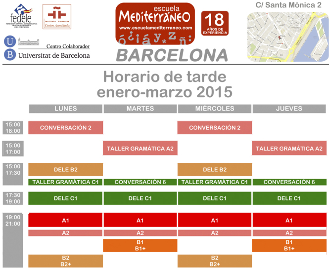 Escuela Mediterraneo Barcelona Schedule 2015 tarde